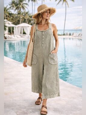 Mystree Washed Khaki Wide-Leg Textured Knit Cropped Overalls Jumpsuit Sz M BOHO